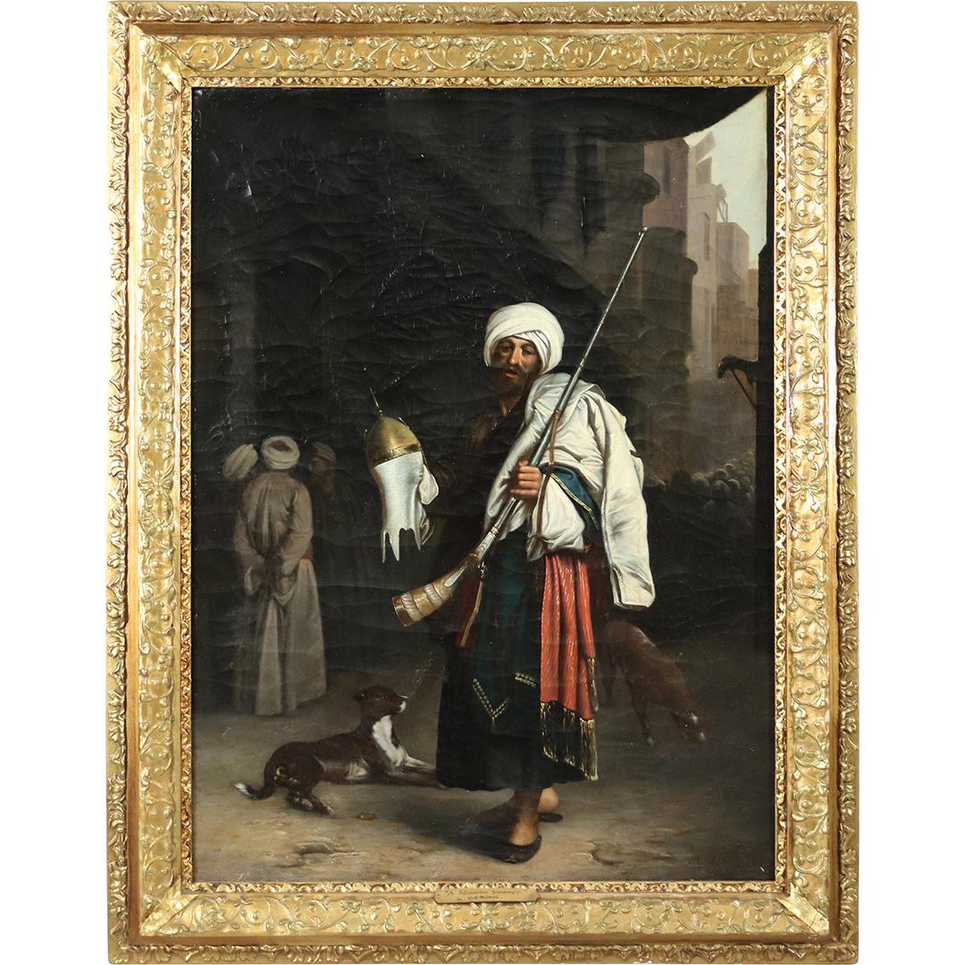 Jean Leon Gerome 1824-1904, Oil/c " A Moorish Market": Jean Leon Gerome 1824-1904, Oil/c "A Moorish Market" with Figures. Oil on canvas painting, Signed: J L Gerome; Original name plaque on frame with titled "A Moorish Market:, Original frame. Size: 31x23