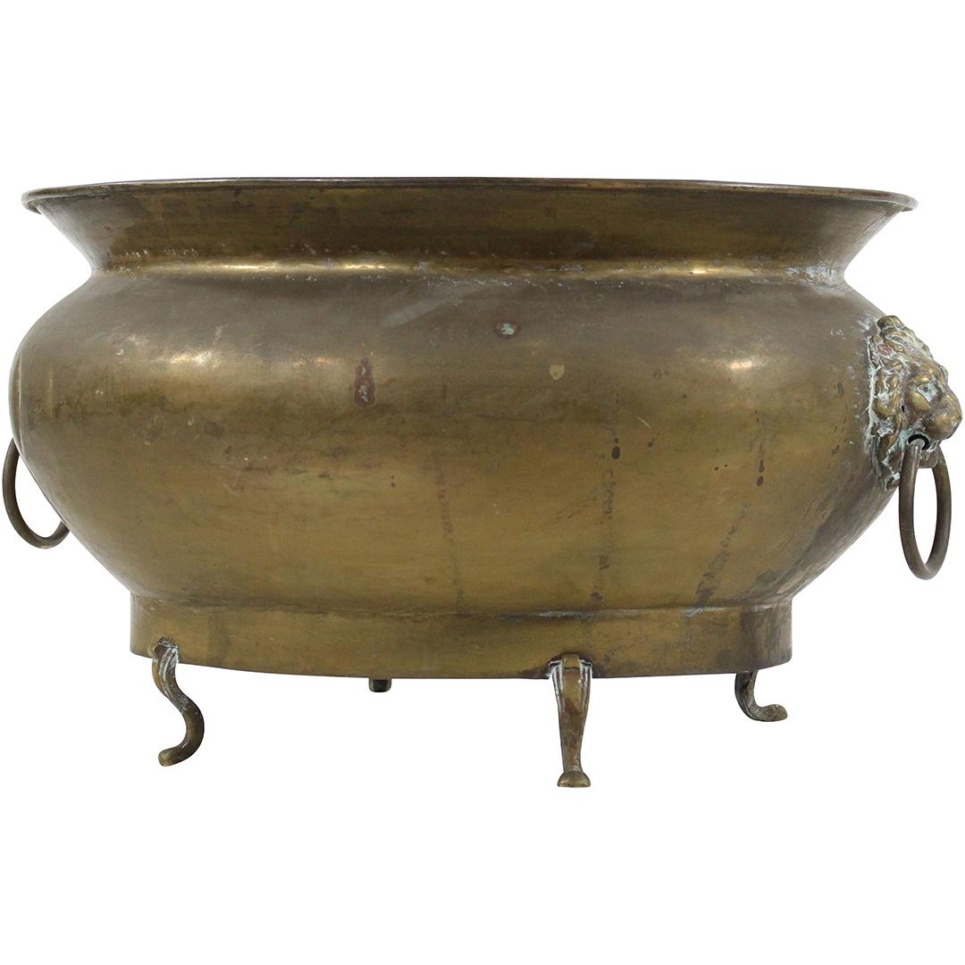Antique Brass Footed Planter with Lions Heads, Rings (1 of 8)