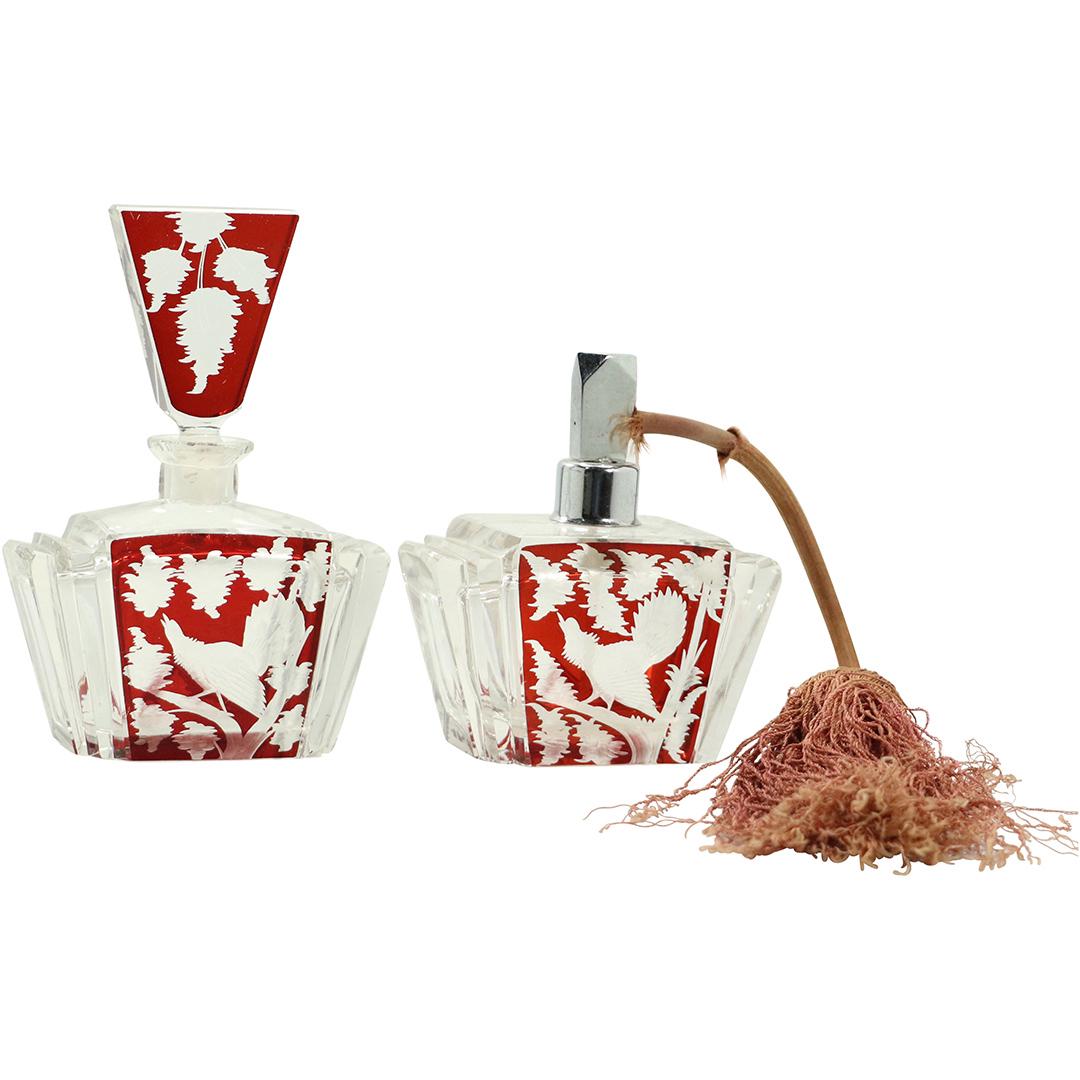 2 Pc Bohemian Red Cut to Clear Glass Perfume & Atomizer (1 of 8)