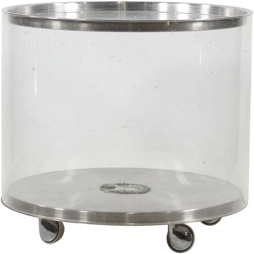 Mid-Century Rolling Terrarium Stainless and Lucite: Mid-Century Rolling Terrarium Stainless and Lucite. Round, on wheels. 16.5 x 18 w