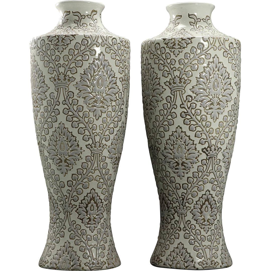 [2] Two Tall White Decorated Ceramic Vases (1 of 6)