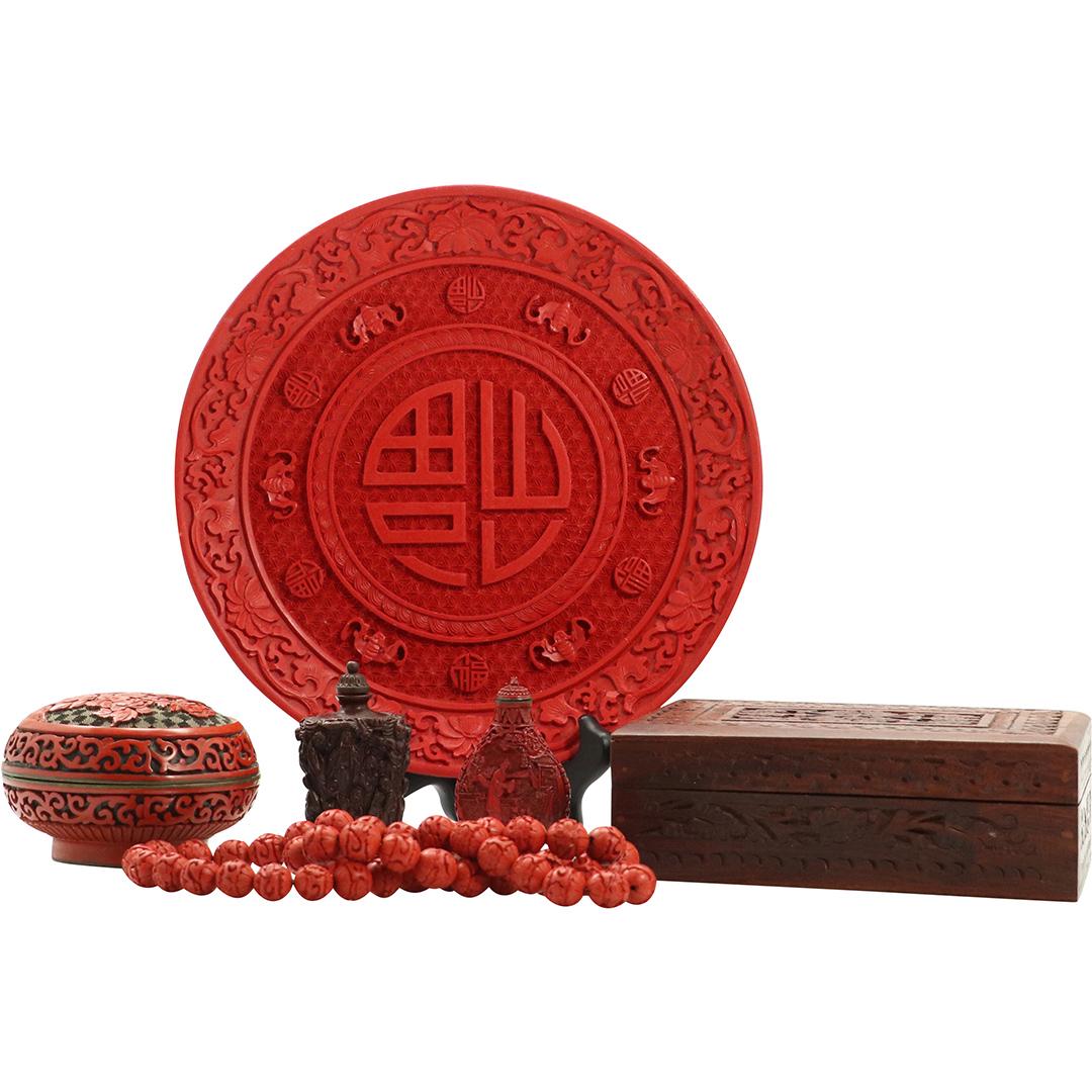 Grouping of Asian Red Cinnabar with Carved Wood Box (1 of 11)