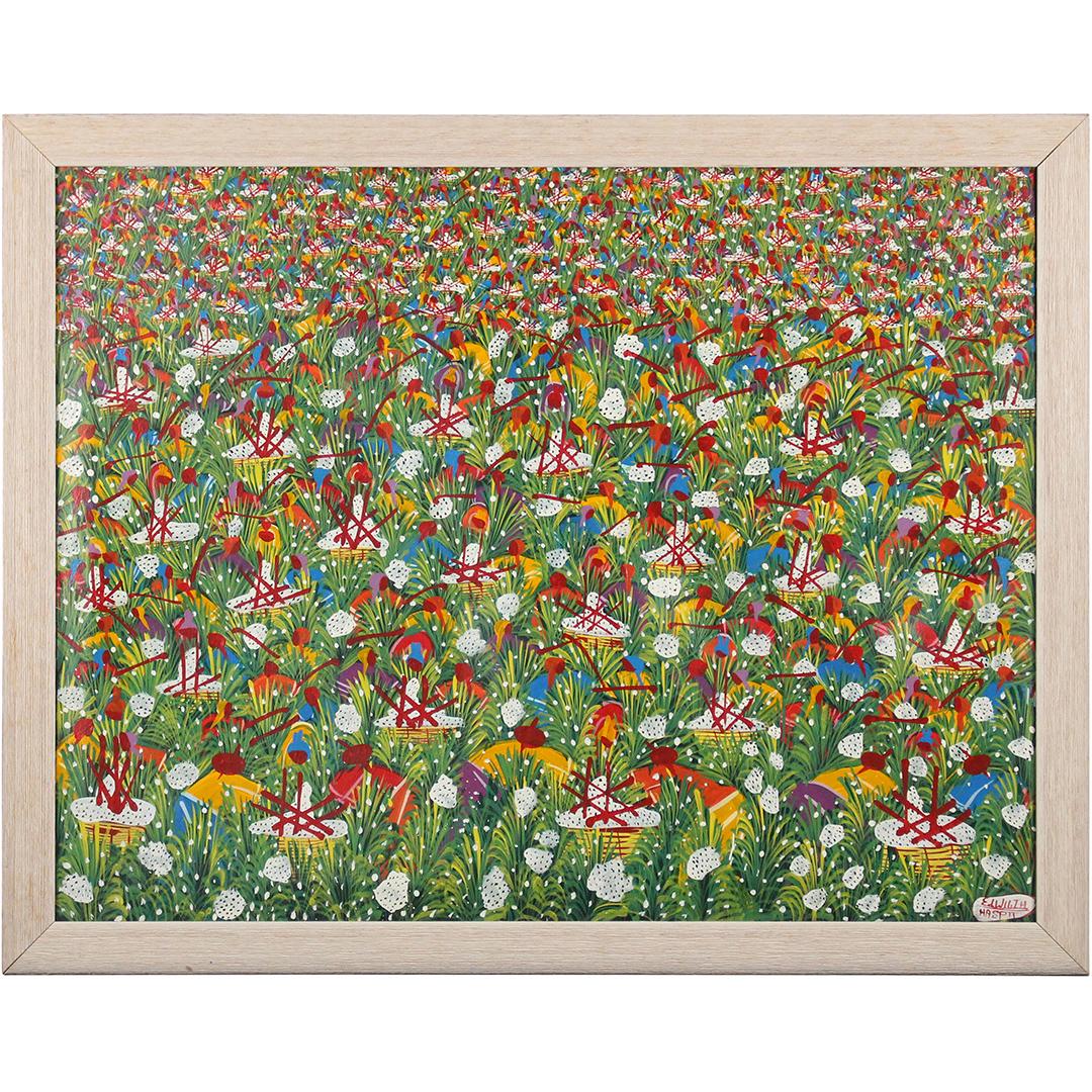 Haspil, Hatian Artist, Signed Oil/b Food For The Spirit: Haspil, Hatian Artist, Signed Oil/b Food For The Spirit. Original framing. Oil on board Painting. painting has dents loose canvas Size: 36x27.5 image, 39.5x31 in outside frame