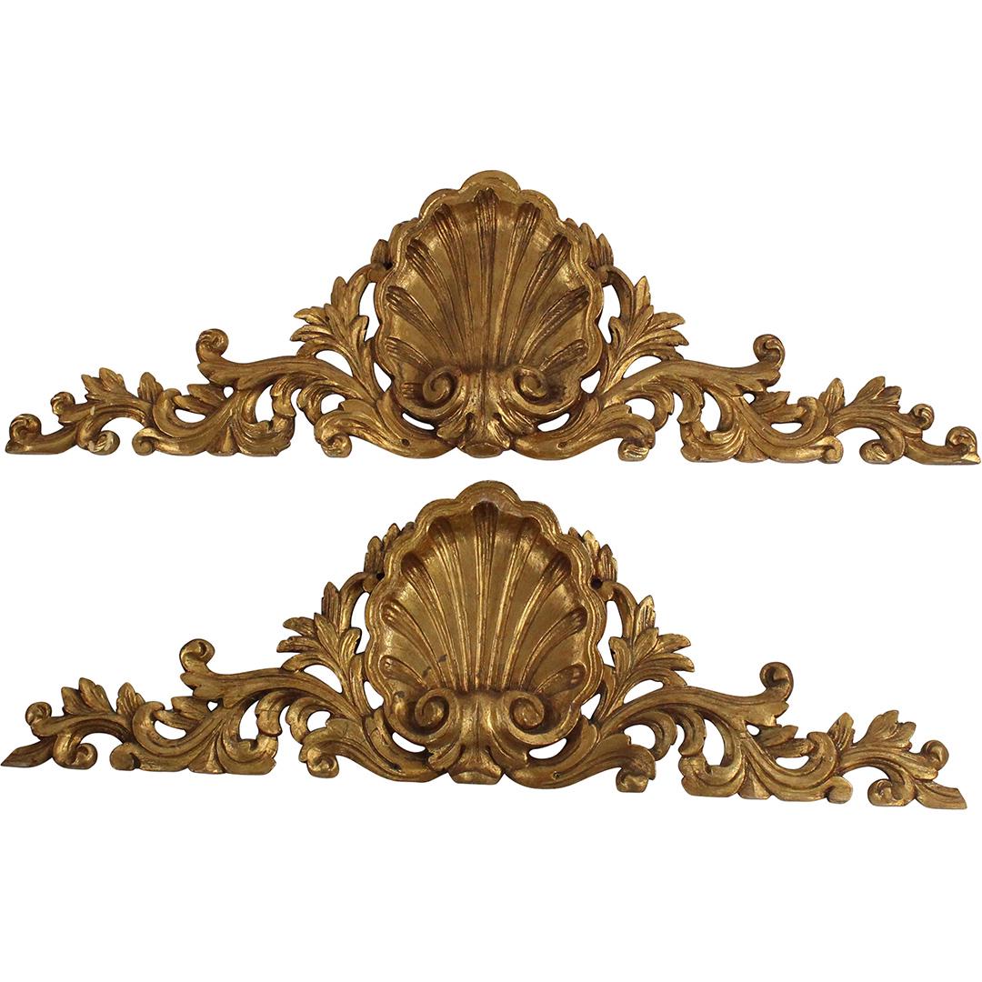 2 Syroco Wood Fancy Gold Gilt Shell Crest Valance Crest: 2 Syroco Wood Fancy Gold Gilt Shell Crest Valance Crest. Size: 12 h 40 w