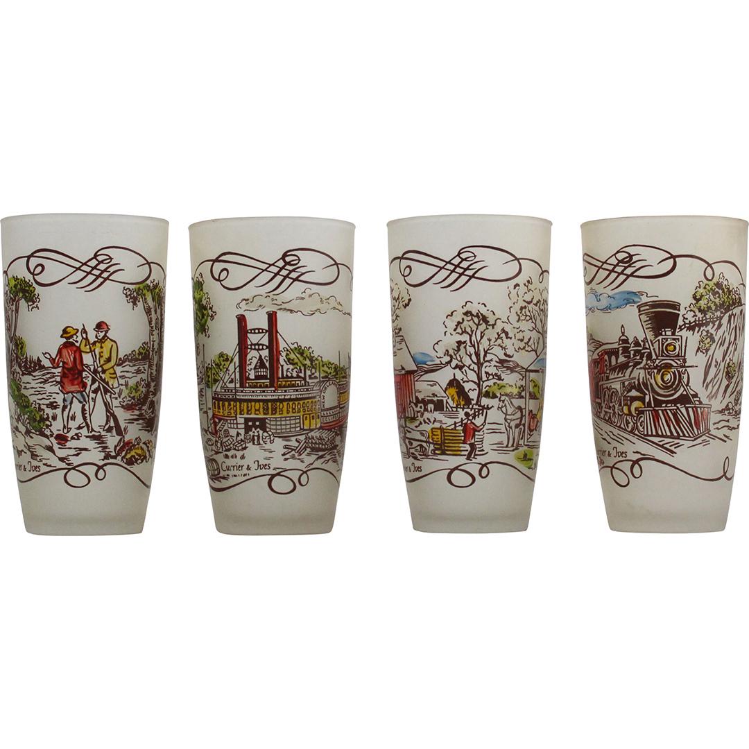 [4] Four Currier & Ives Tall Drinking Glasses Scenic: [4] Four Currier & Ives Tall Drinking Glasses Scenic. 5.75 h