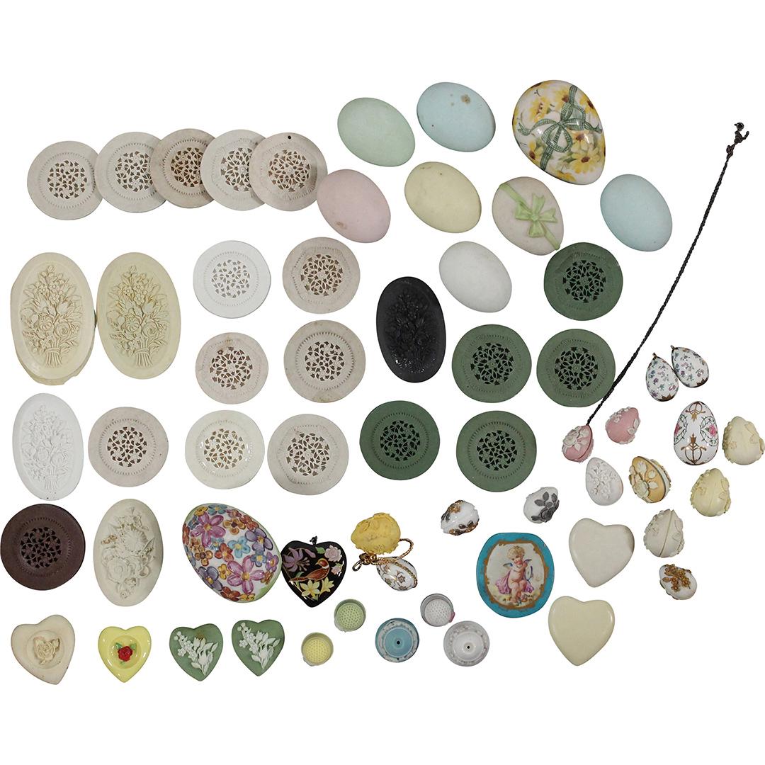 Large Assortment Jasper Porcelain Discs Thimbles Eggs: Large Assortment Jasper Porcelain Discs Thimbles Eggs. Size: circles are 2 inches diameter, eggs are life size