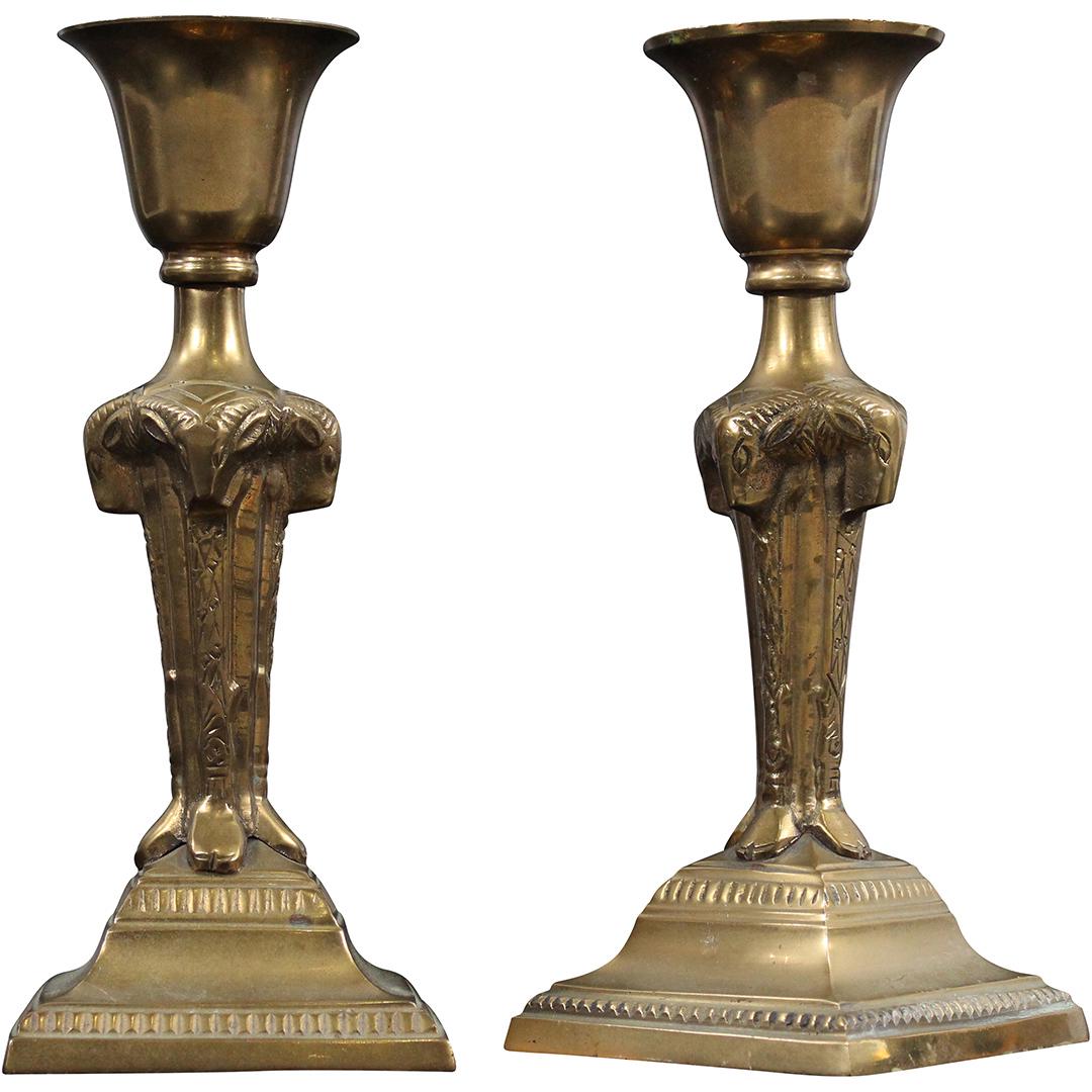 Pair Neo Classical Rams Heads Brass Candlesticks (1 of 7)