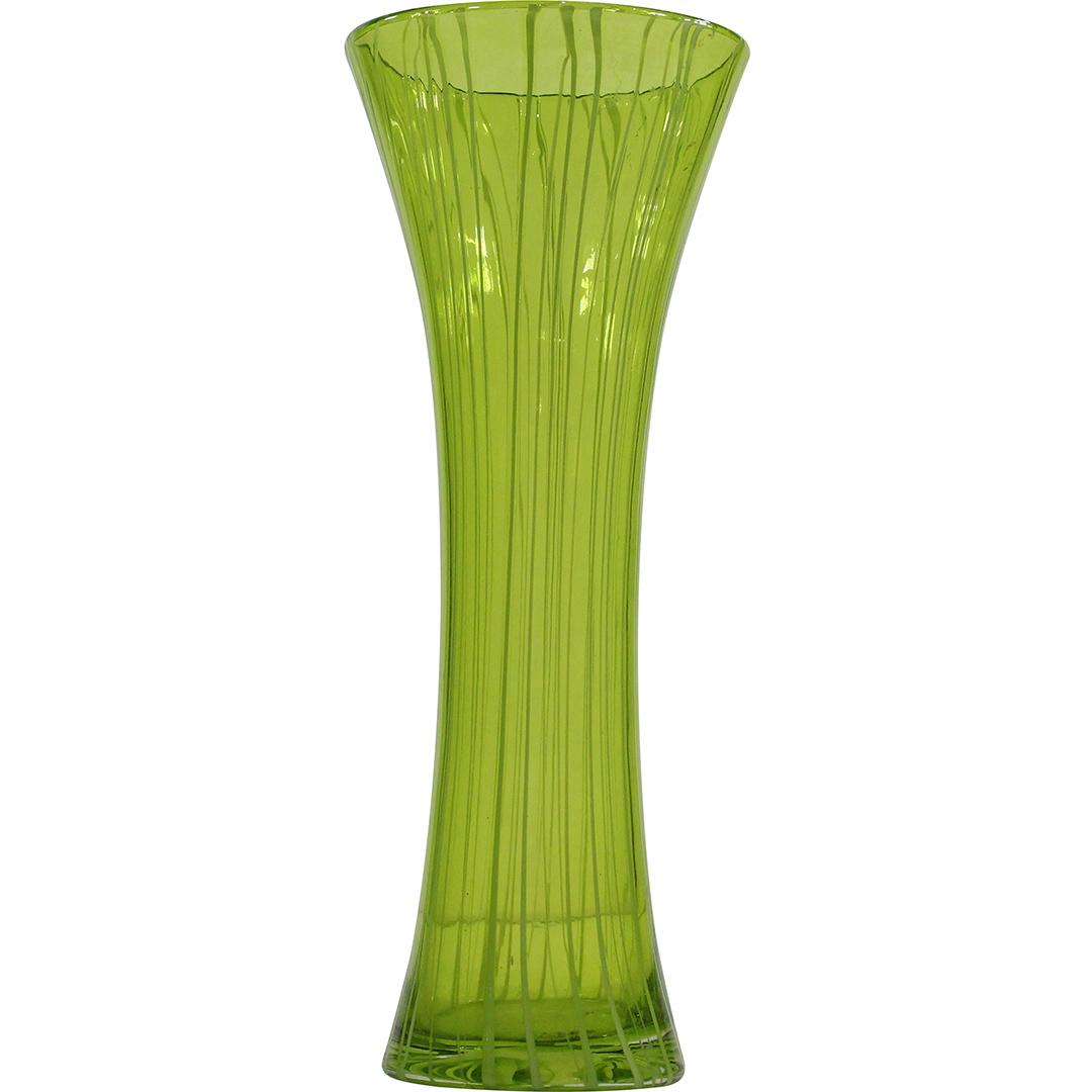 MidCentury Bright Green Tall Glass Vase, White Lines May 25, 2021