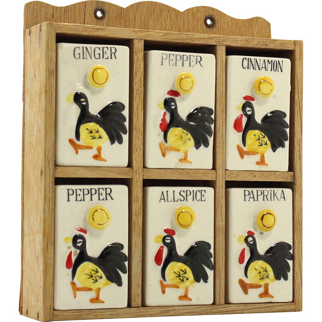 Vintage Ceramic "Rooster" Wooden Rack of Spice Jars (1 of 6)