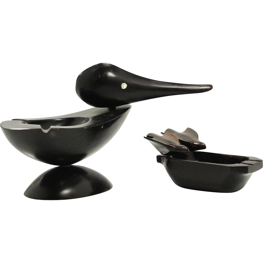 [2] Mid-Century Polished Teak Wood Duck / Bird Ashtrays (1 of 10)