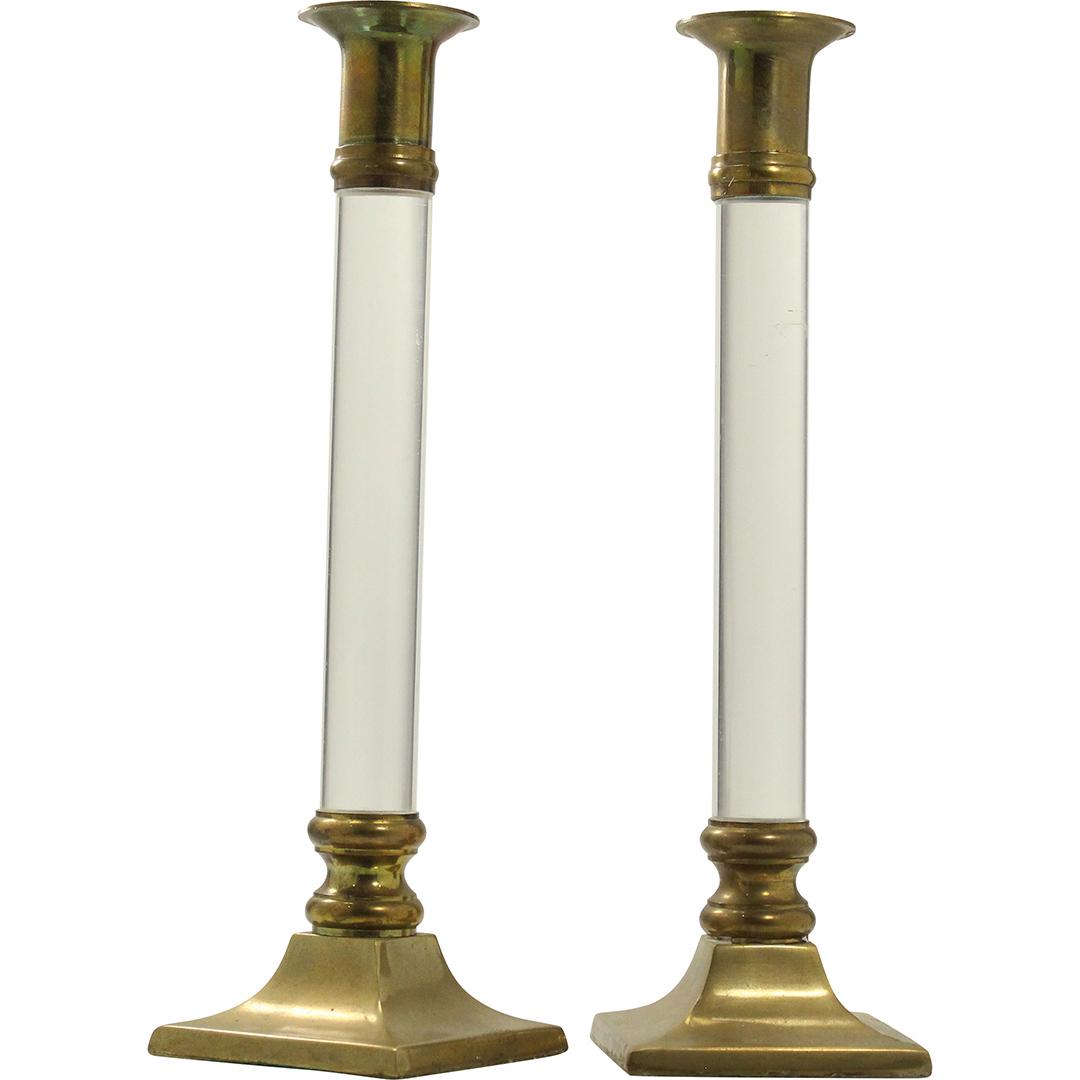 Elegant Brass and Clear Glass Post Tall Candlesticks (1 of 6)