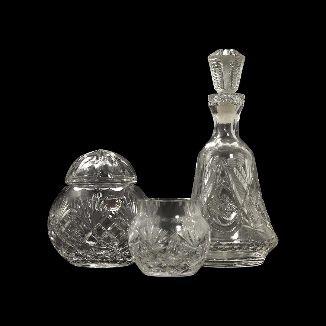 [3] Three Assorted Cut Glass Items: Jar, Decanter, Vase (1 of 12)