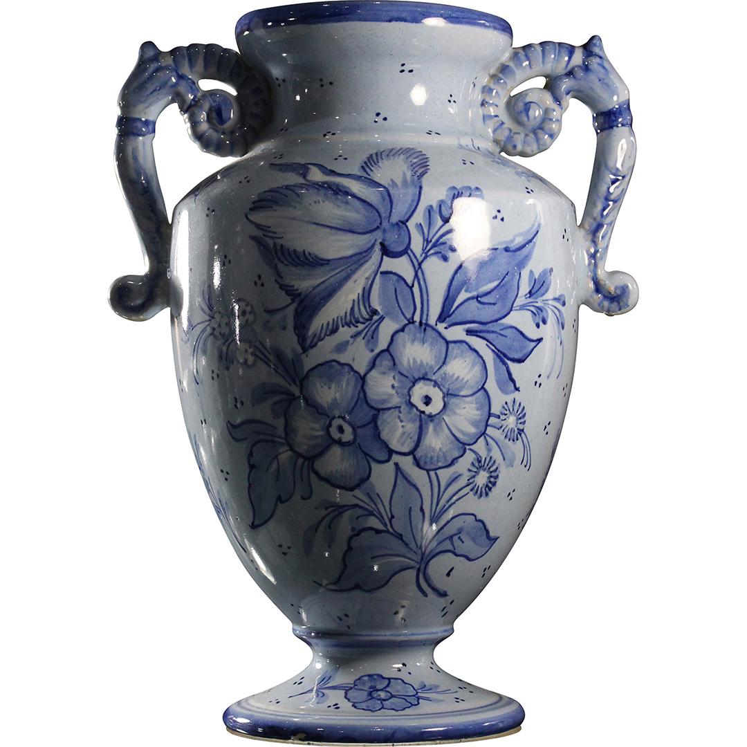 Italian Blue Floral Decorated Ceramic Urn Handled Vase (1 of 7)