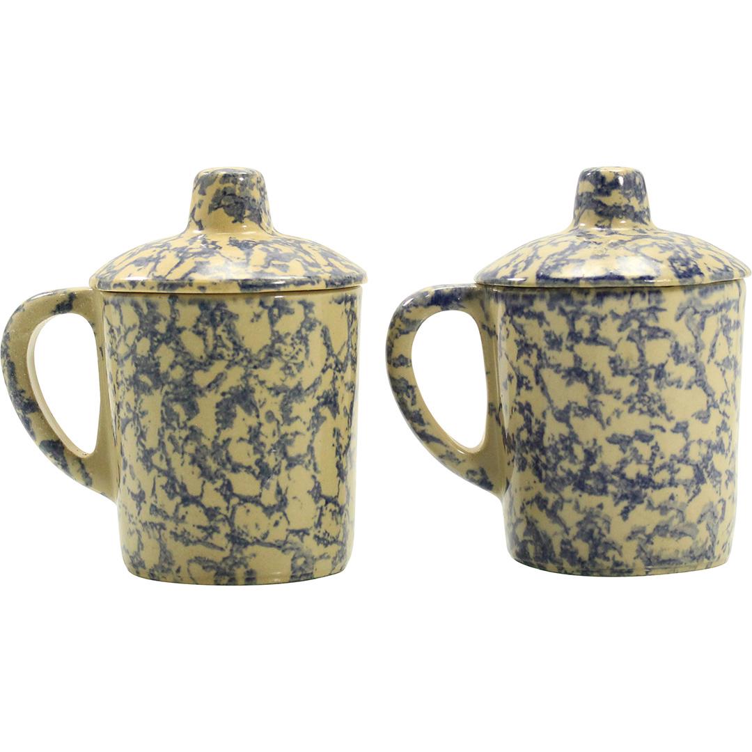 2 Roseville Ohio Sponge Decorated Pottery Mugs w/ Lids (1 of 5)
