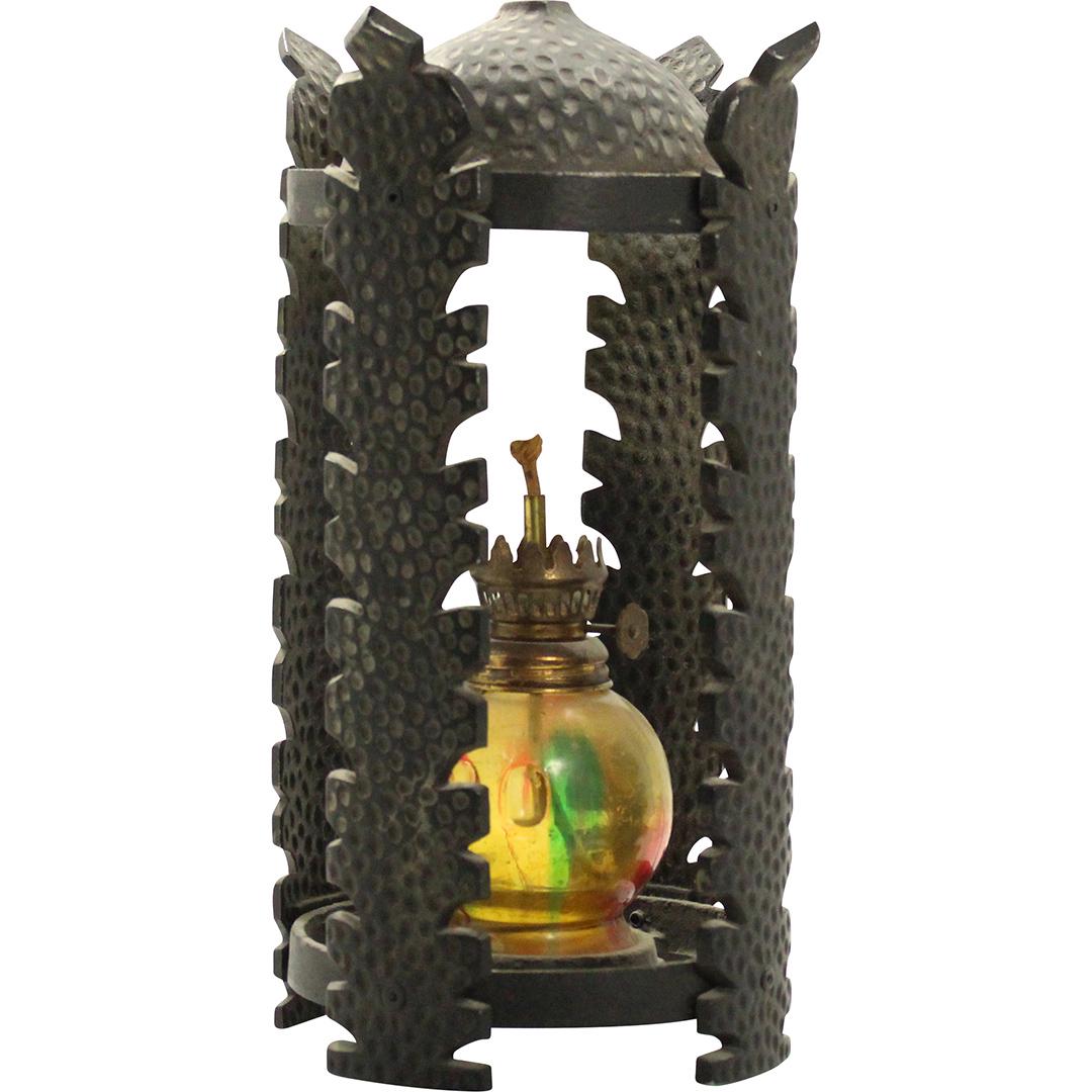 Cast Iron Framed Oil Lamp Hanging Fixture: Cast Iron Framed Oil Lamp Hanging Fixture. Size: 11h x 6.5w