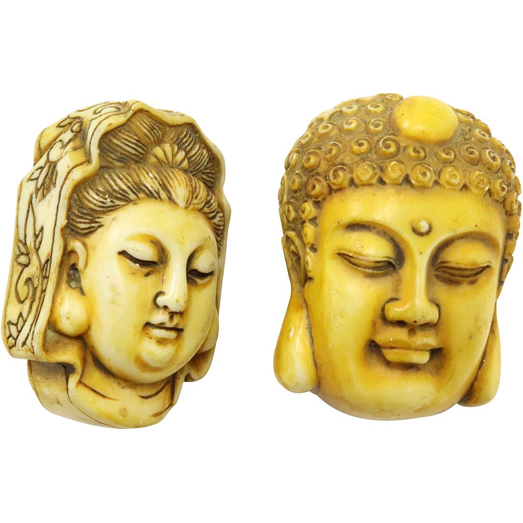 [2] Two Large Asian Buddha Head Beads, Hard Composition (1 of 6)
