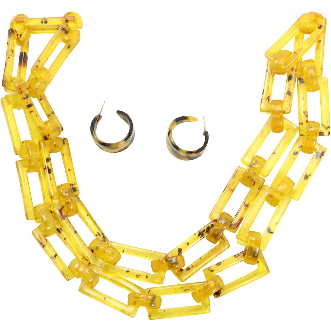 Yellow Celluloid Link Belt and Celluloid Hoop Earrings: Yellow Celluloid Link Belt and Celluloid Hoop Earrings. Size: belt 32 in. x 3/4 in. ; earrings 1 in. x 5/8 in.