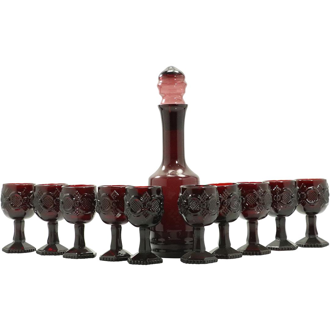11 Pc Ruby Red Glass Liquor Set: Decanter with 10 Stems (1 of 9)