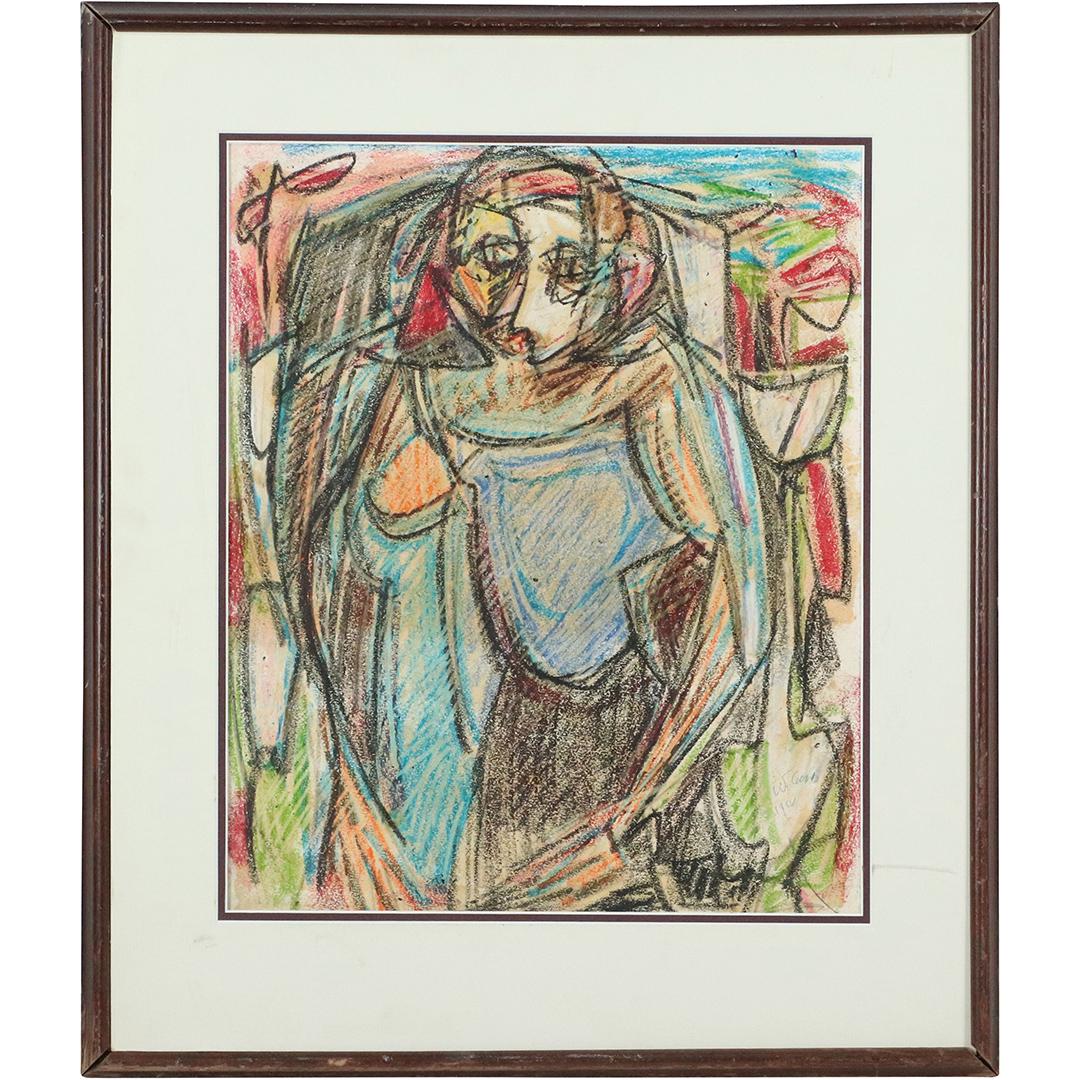 W Cook 1962, Crayon Drawing Abstract Figure, Signed (1 of 7)