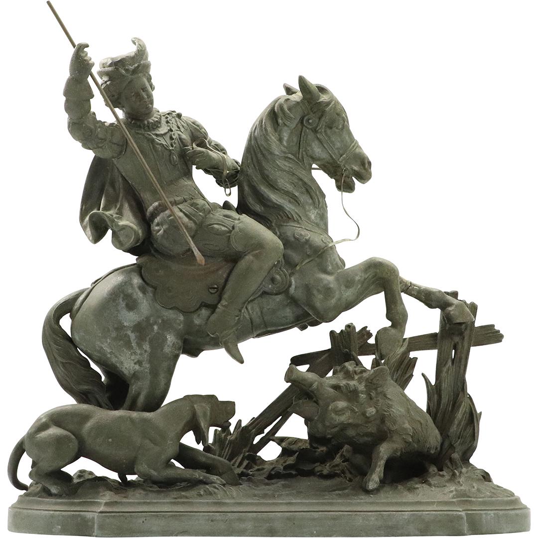Victorian Cast Metal Grouping Wild Boar Hunt Statue (1 of 10)