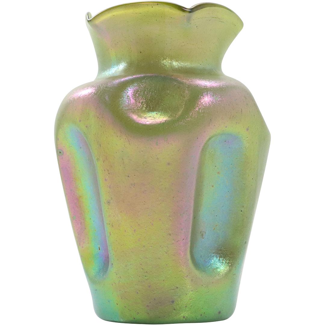 Loetz Art Glass Vase Greenish Yellow with Pinched Sides: Loetz Art Glass Vase Greenish Yellow with Pinched Sides. Size: 7h x 4.5w