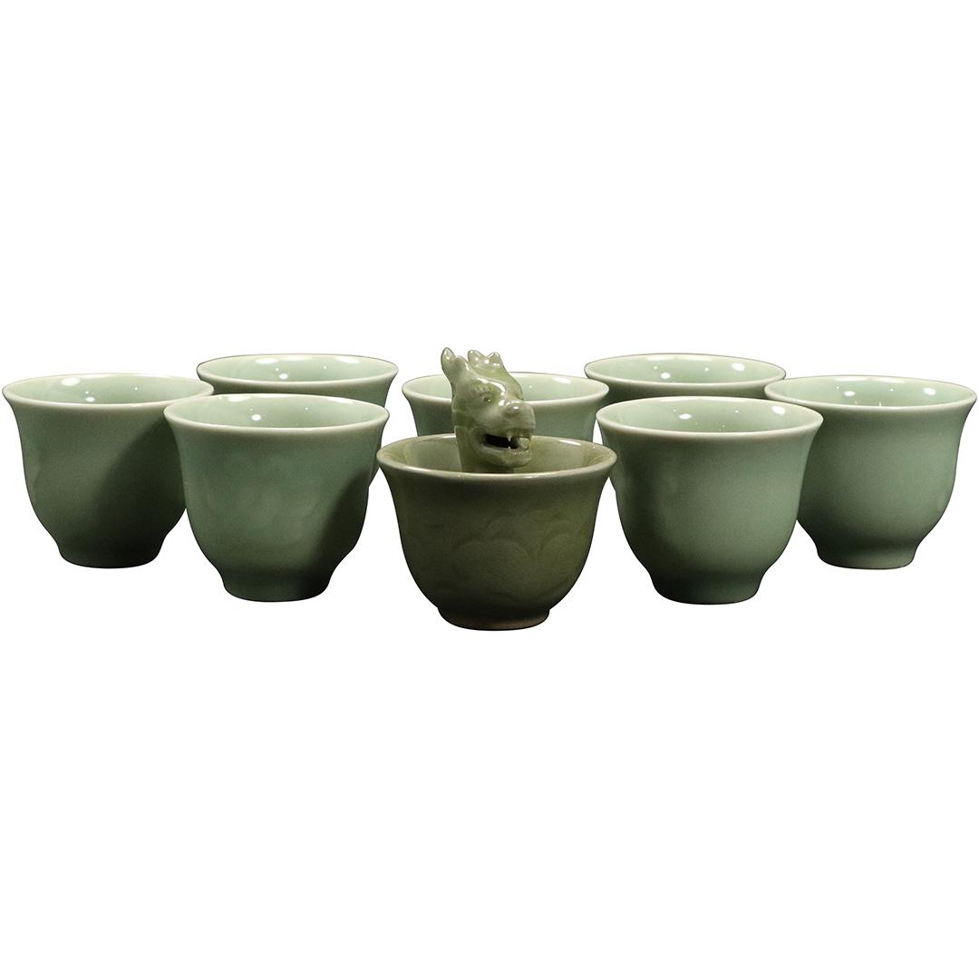 [8] Eight Green Celadon Porcelain Cups, 1 Dragon Head (1 of 5)