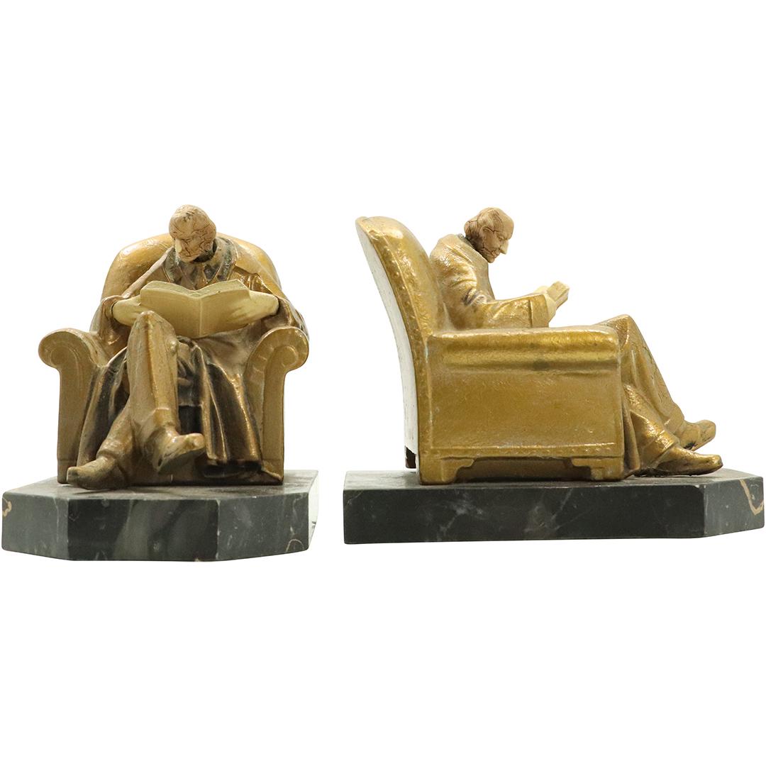 Circa 1920s Man Reading Bookends by J Ruhl & J B Hirsch: Circa 1920s Man Reading Bookends by J Ruhl & J B Hirsch. Vintage. Size: 4.75h x 6L