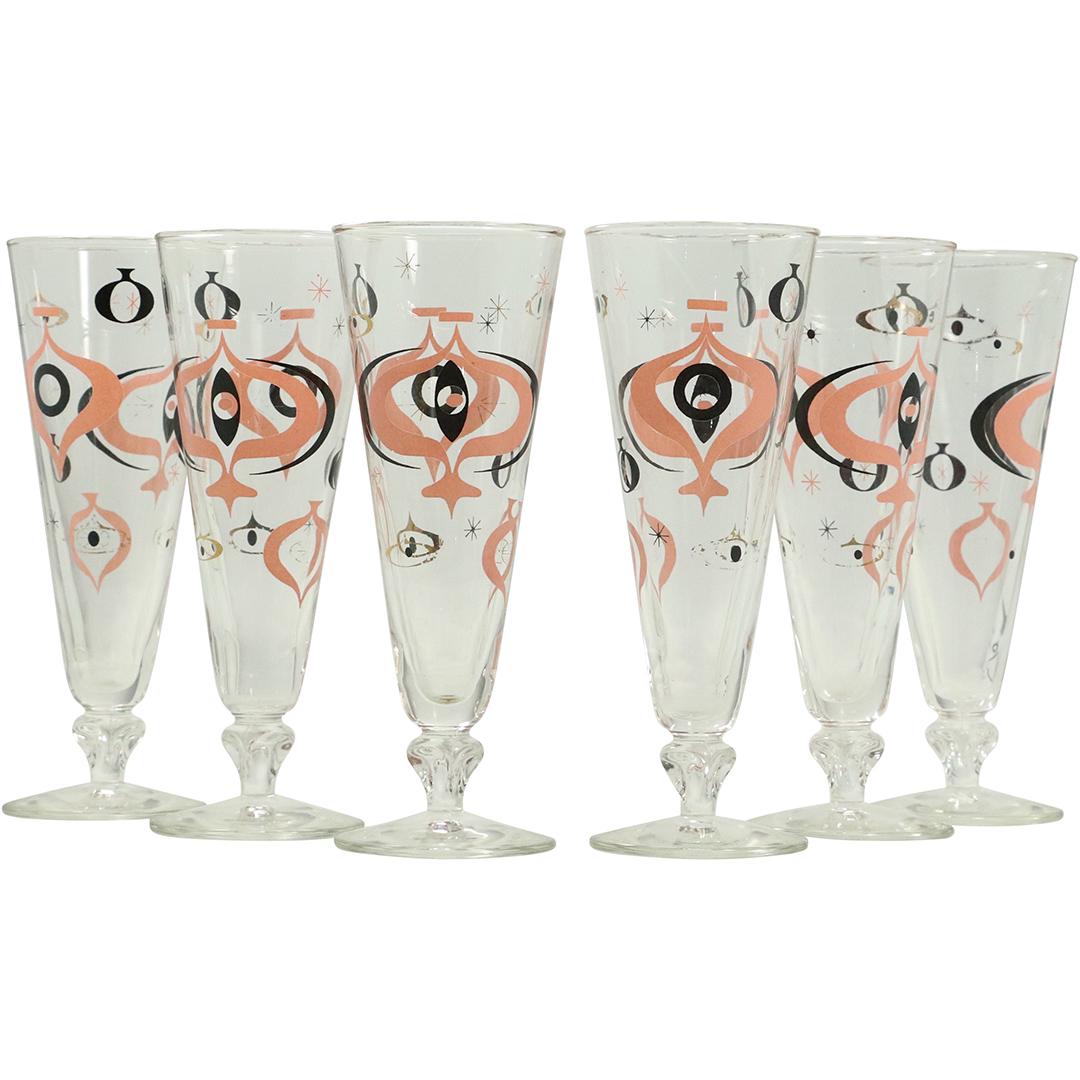 6 Mid-Century Modern Glass Flutes Pink Abstract Design (1 of 6)