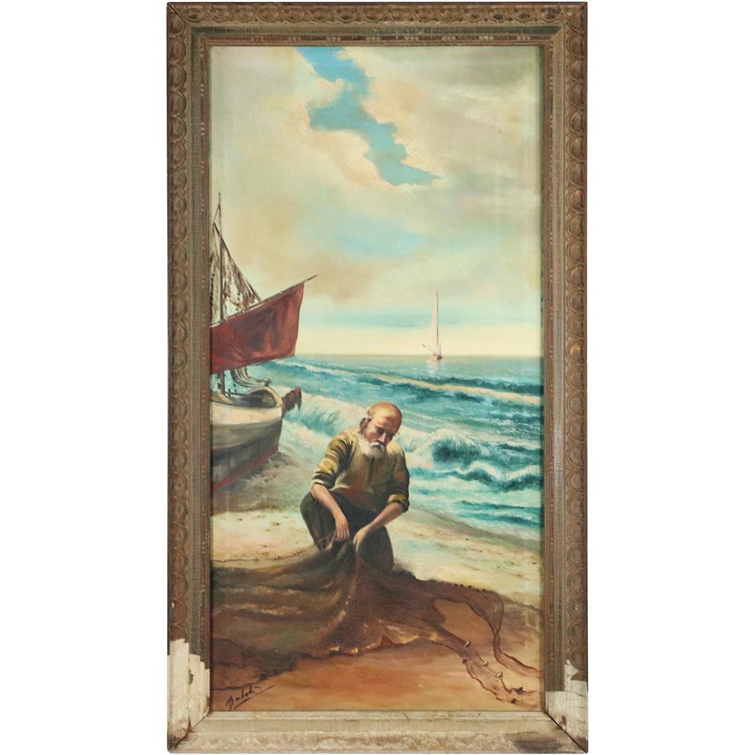 Badah, Circa 1920s Oil Painting Seaman Tying The Nets (1 of 8)