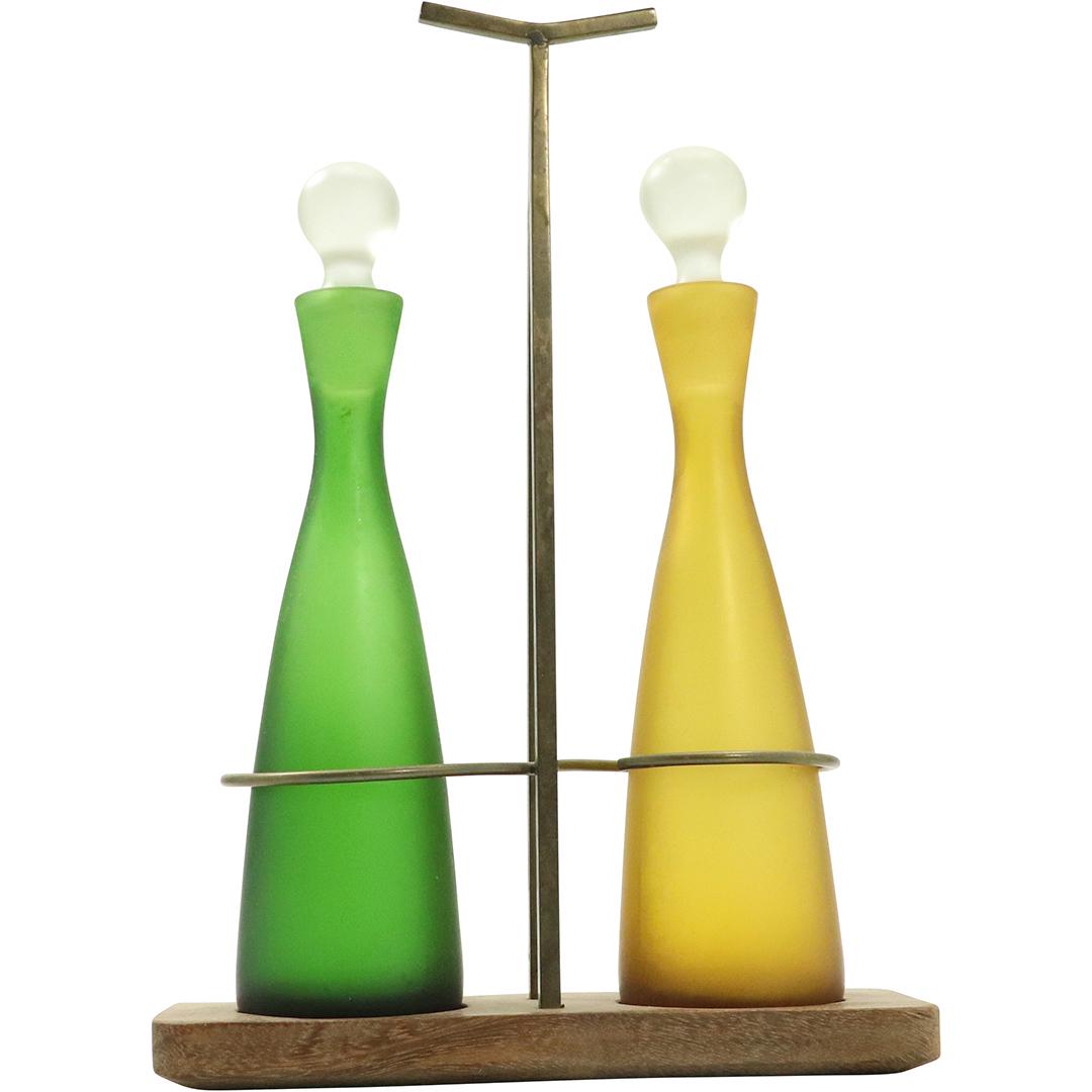 Danish Design Green Yellow Glass Vinegar Bottles Caddy: Danish Design Green Yellow Glass Vinegar Bottles in Caddy. Size: 10h x 7w