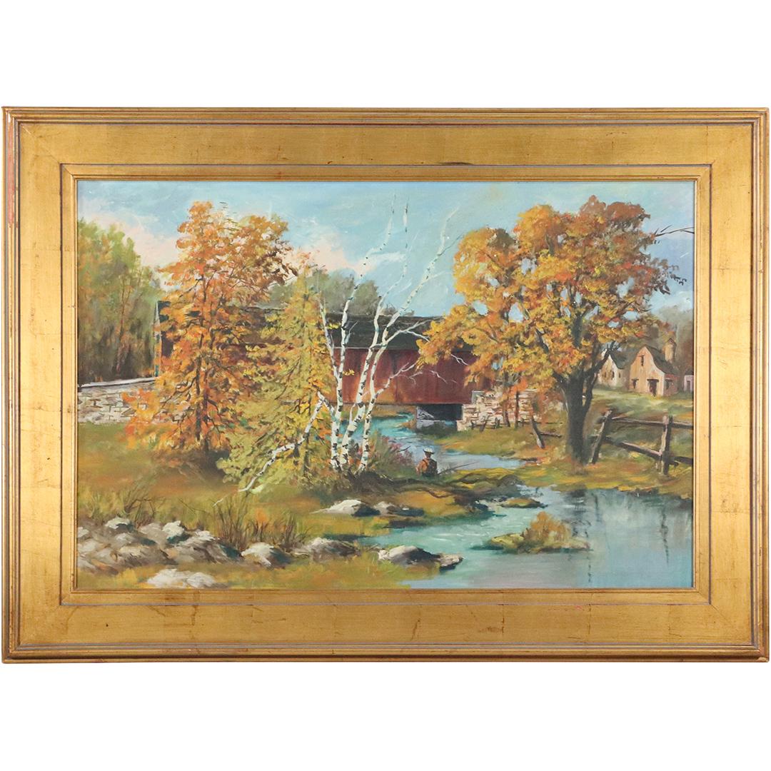 Vintage Oil/c Landscape with Stream, Birch Trees, House (1 of 8)