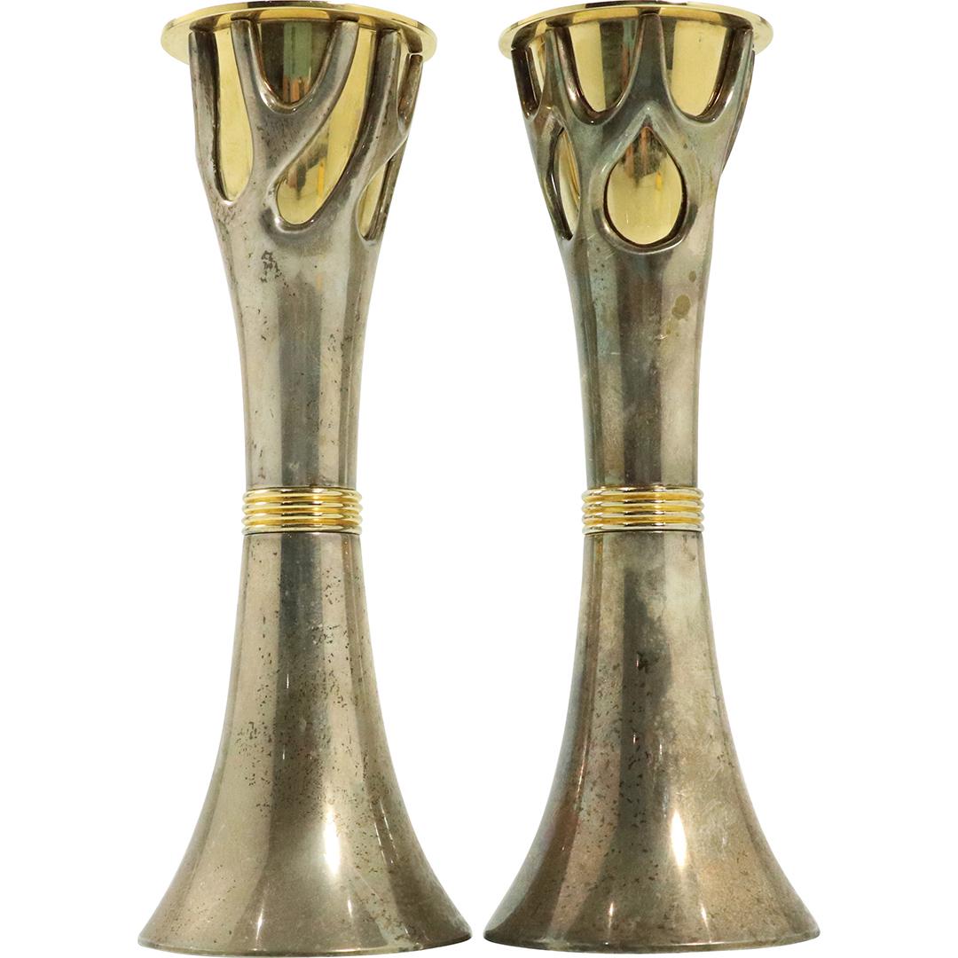 Pair Unique Modernism Candlesticks Silver Plate & Brass (1 of 6)