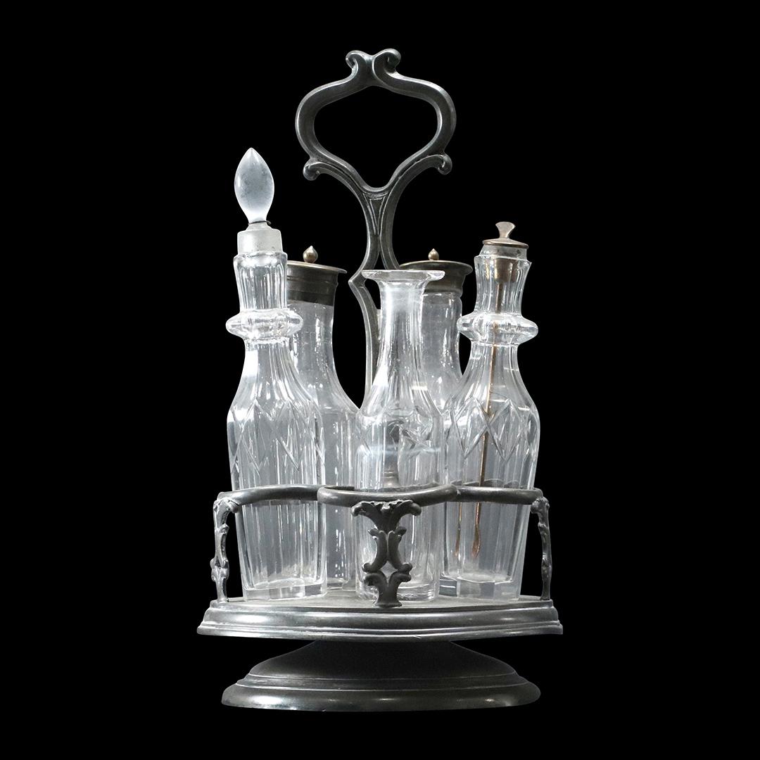 Victorian Glass Bottle Castor Set in Silver Plate Caddy (1 of 8)