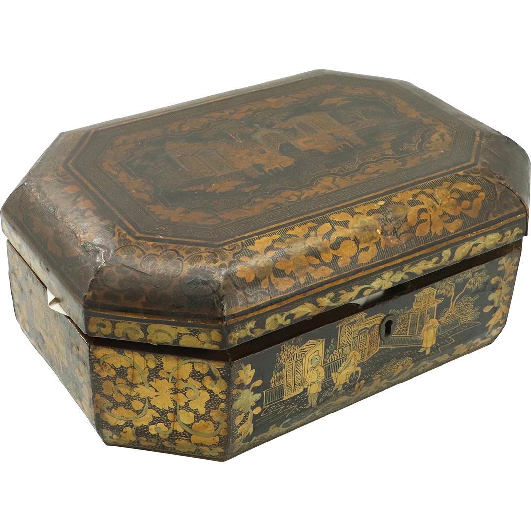 19th C. Oriental Black Lacquer Wood Box Gold Decoration (1 of 10)