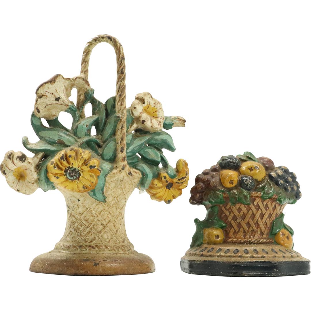 [2] Antique Cast Iron Doorstops Basket Flowers / Fruit: [2] Antique Cast Iron Doorstops Basket Flowers / Fruit. Both in original paint finish. Size: 5h x 5.5w, 10h x 8w