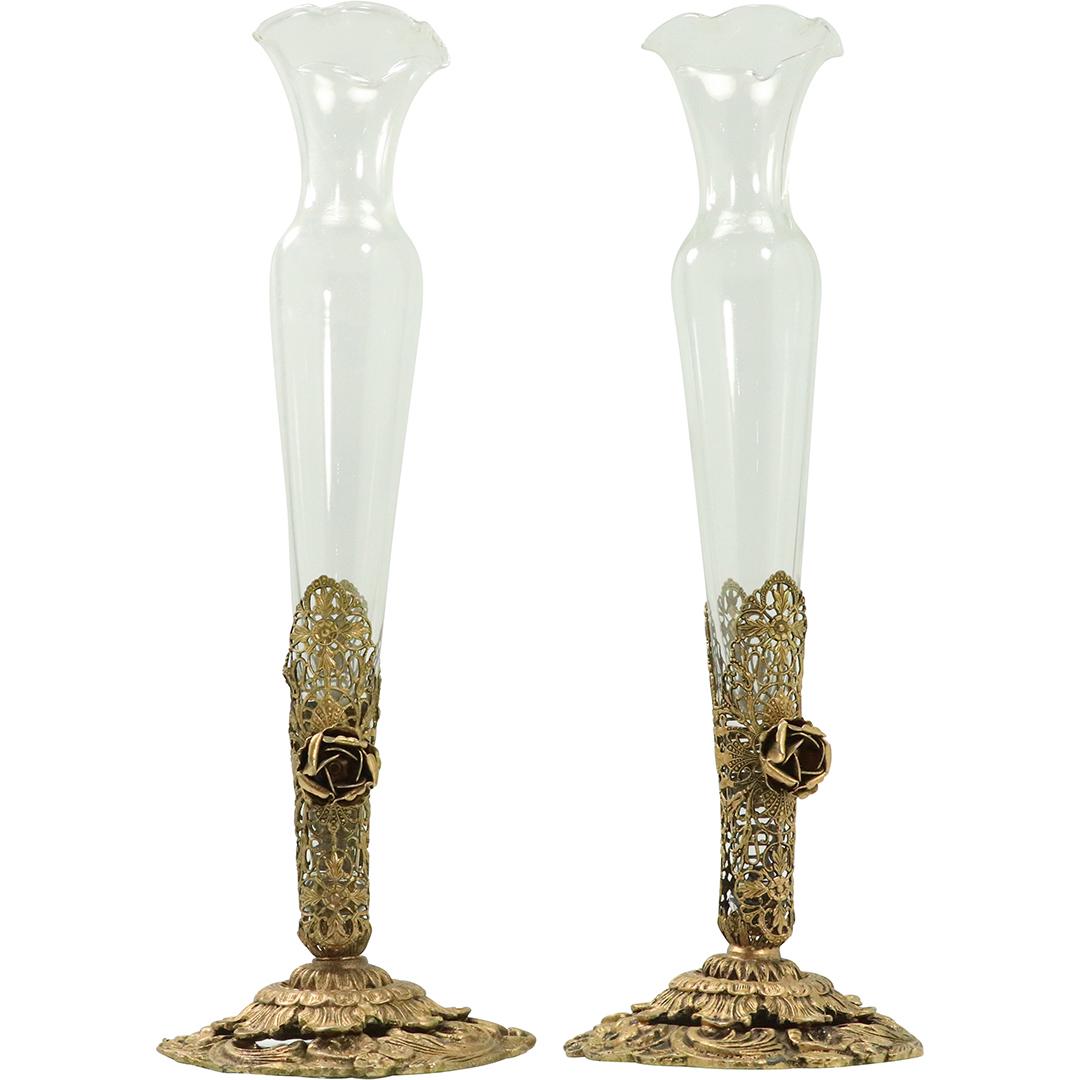 [2] 1940s Cast Metal Gold Finish Rose Stem Vases (1 of 6)