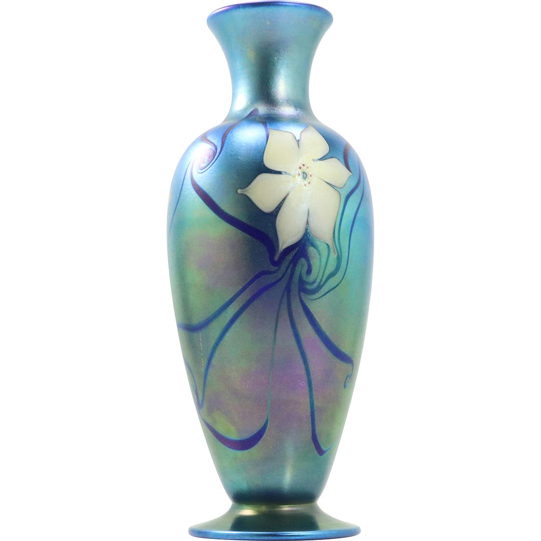 Vandermark Signed Studio Art Glass Blue Vase w/ Flower (1 of 7)