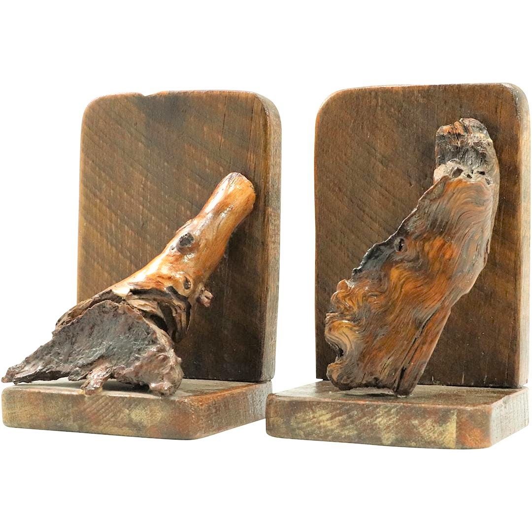 Mid-Century Vintage Driftwood Bookends: Mid-Century Vintage Driftwood Bookends. Natural finish. Size: 8.75h x 5.5w