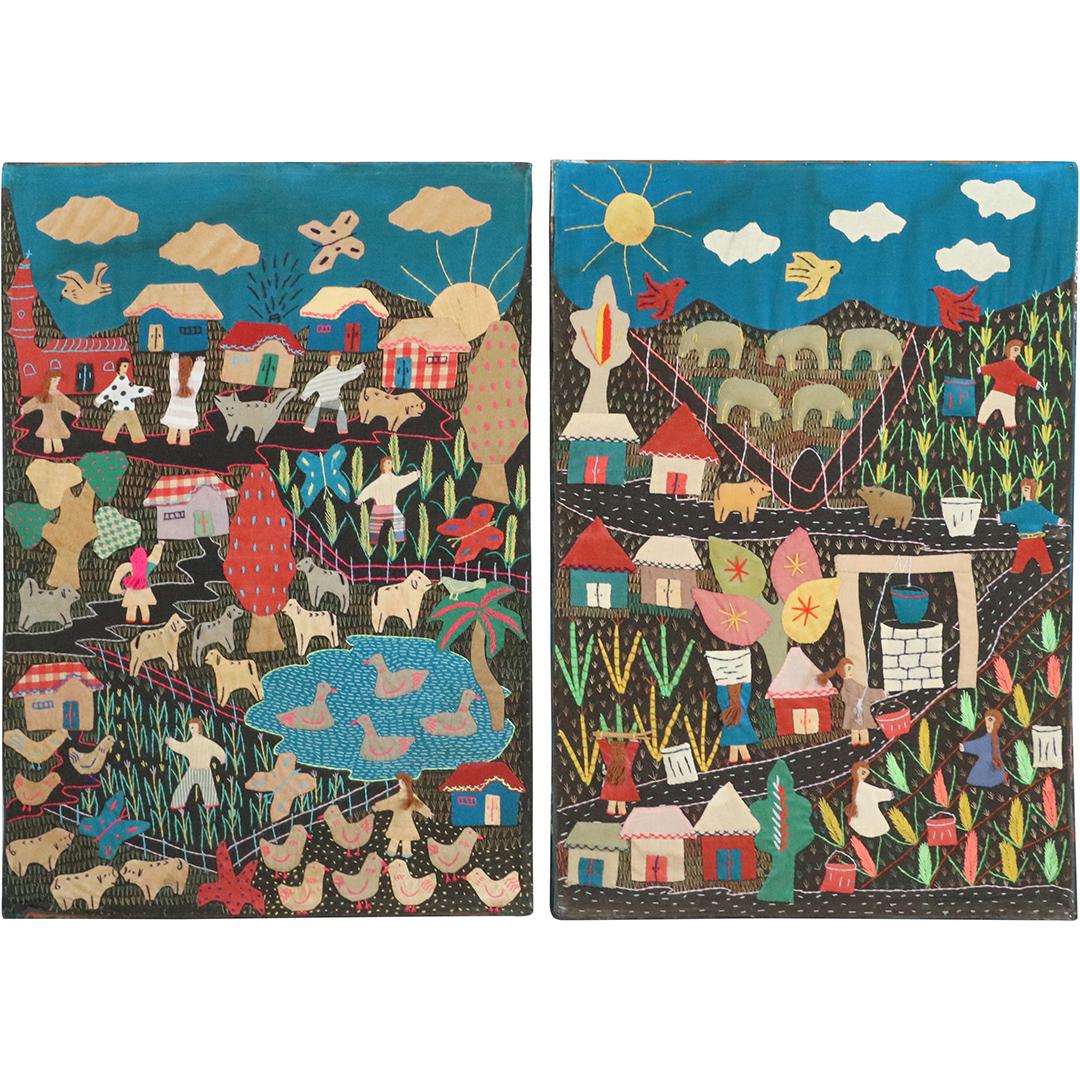Pair of Primitive Folk Art Embroidered Farm Scenes (1 of 8)