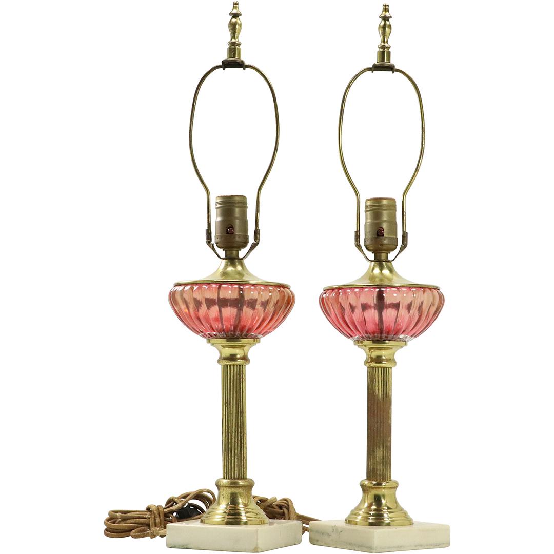 Pair Cranberry Glass Font Brass Post Lamps Marble Base (1 of 7)