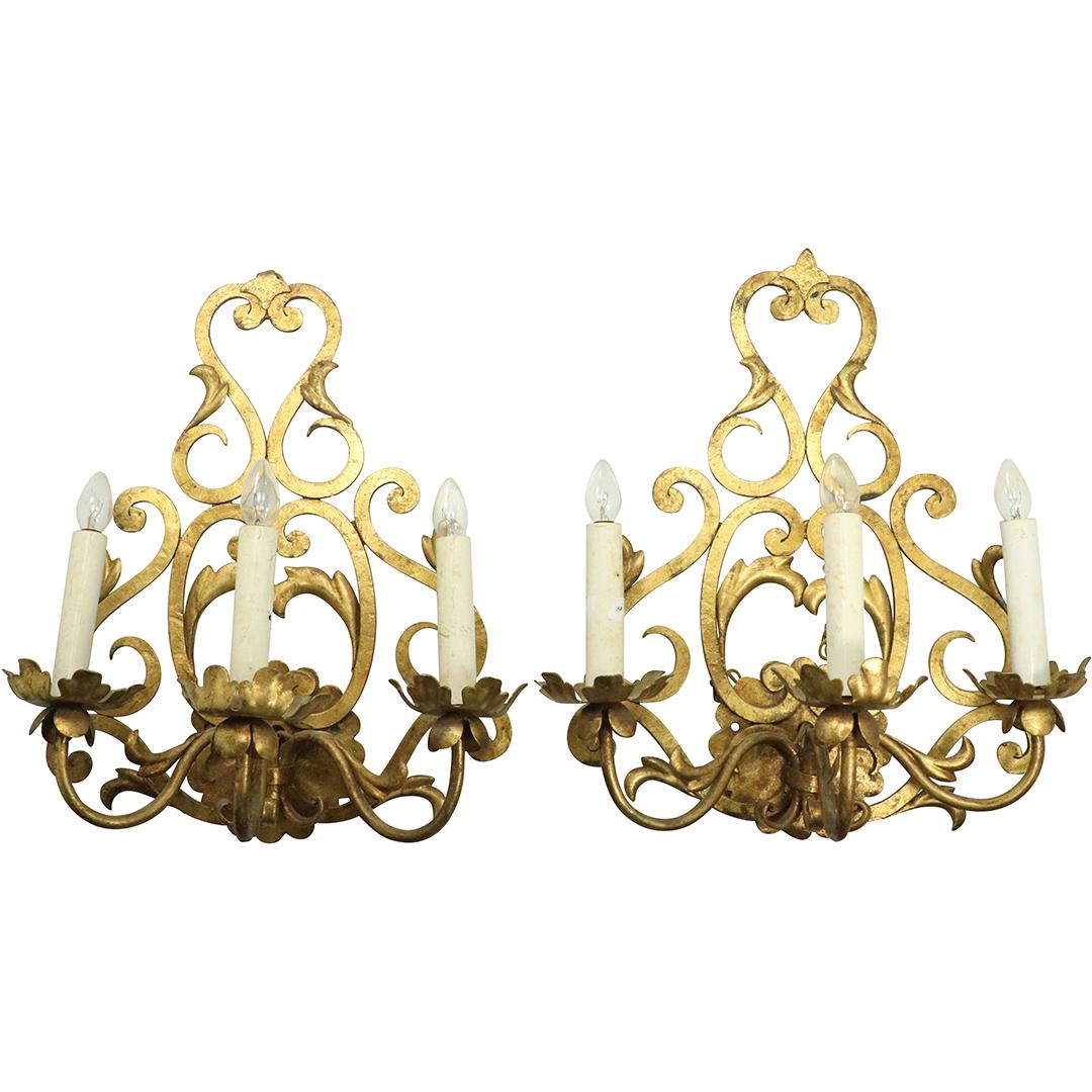 2 French Gold Gilt Metal 3-Light Electric Wall Sconces (1 of 7)