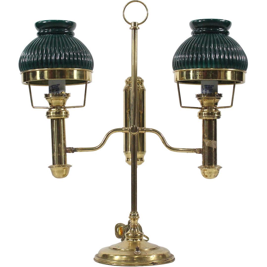 Brass Electric Double Student Lamp, Green Glass Shades (1 of 8)