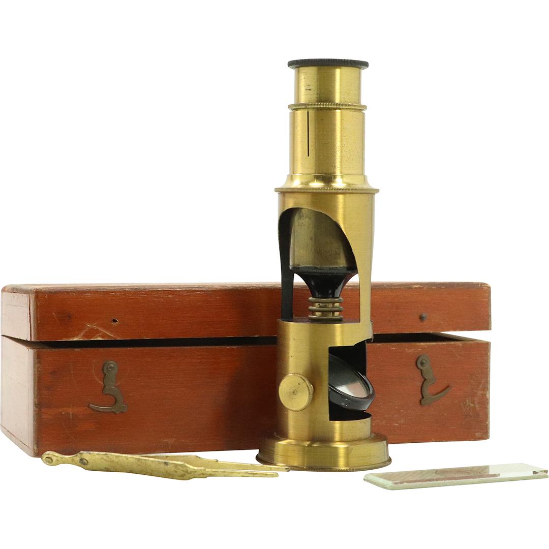 Antique France Brass Single Post Microscope in Wood Box (1 of 9)