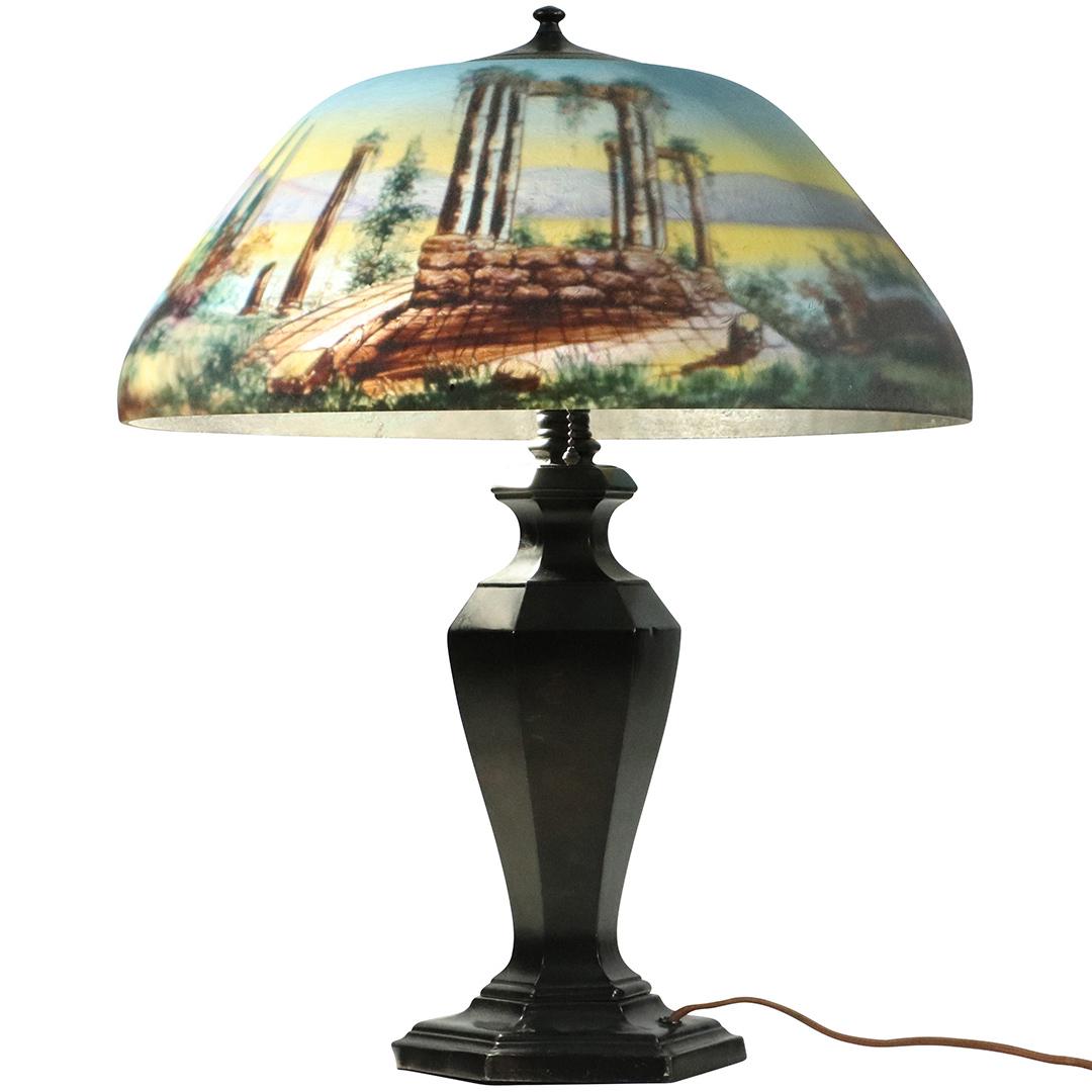 Antique Reverse Painted Shade Table Lamp, Cracked Shade (1 of 20)