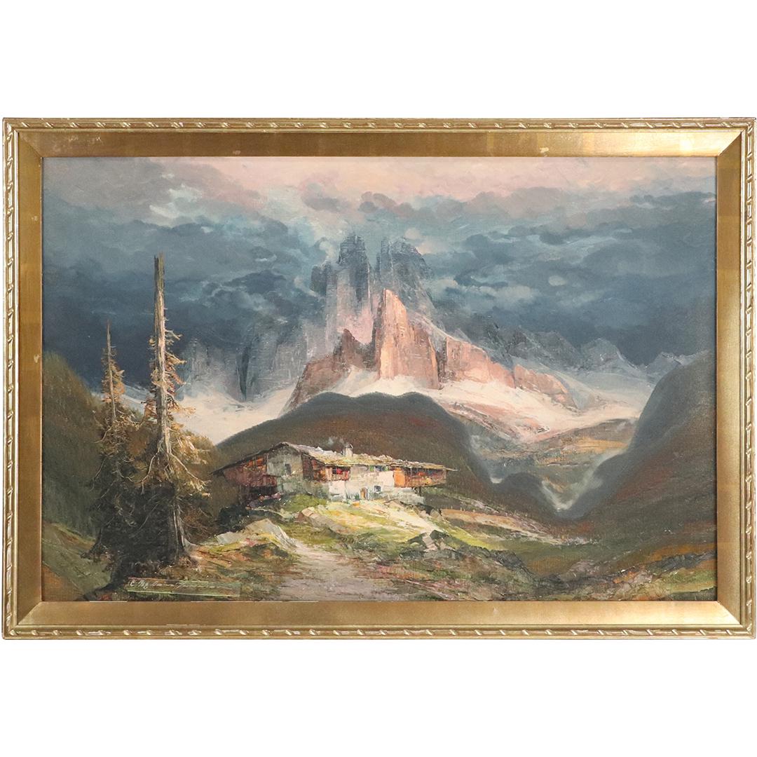 Signed Oil Painting: Chateau in the Valley of Mountains (1 of 12)