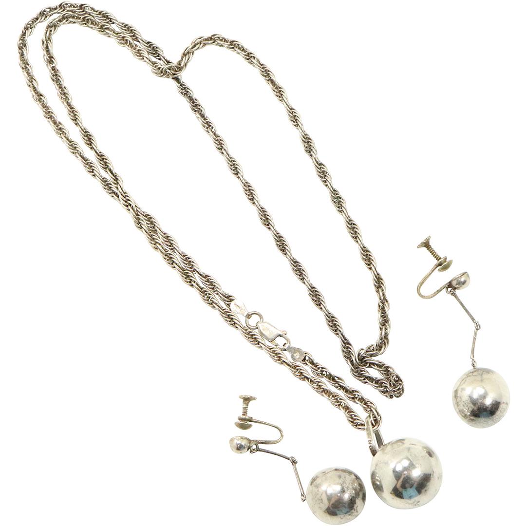 .925 Sterling Ball Drop Earrings; Ball Pendant Necklace: .925 Sterling Ball Drop Earrings; Ball Pendant Necklace. Marked: .925 Alpaca ; Mexico .925; Size: earrings 1 1/8 in. x 1/2 in.; ball pendant 7/8 in. ; chain 28 in. length x 1/8 in.