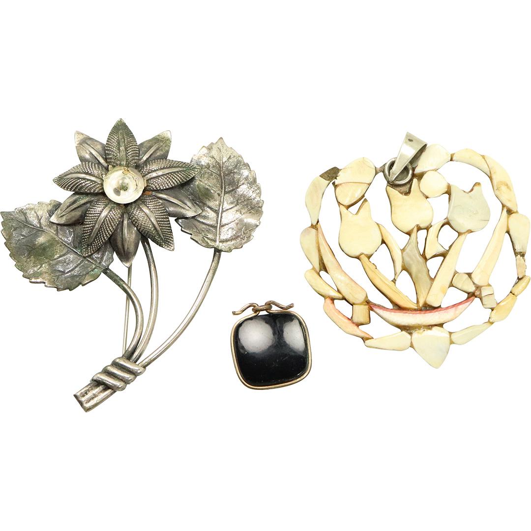 Sterling Silver Flower Brooch, Intaglio Black Onyx Pend: Sterling Silver Flower Brooch, Intaglio Black Onyx Pendant; Silver and Enamel Pendant. Size: 2 1/2 in. x 3 in. ; 3/4 in. diameter; 2 1/8 in. diameter.