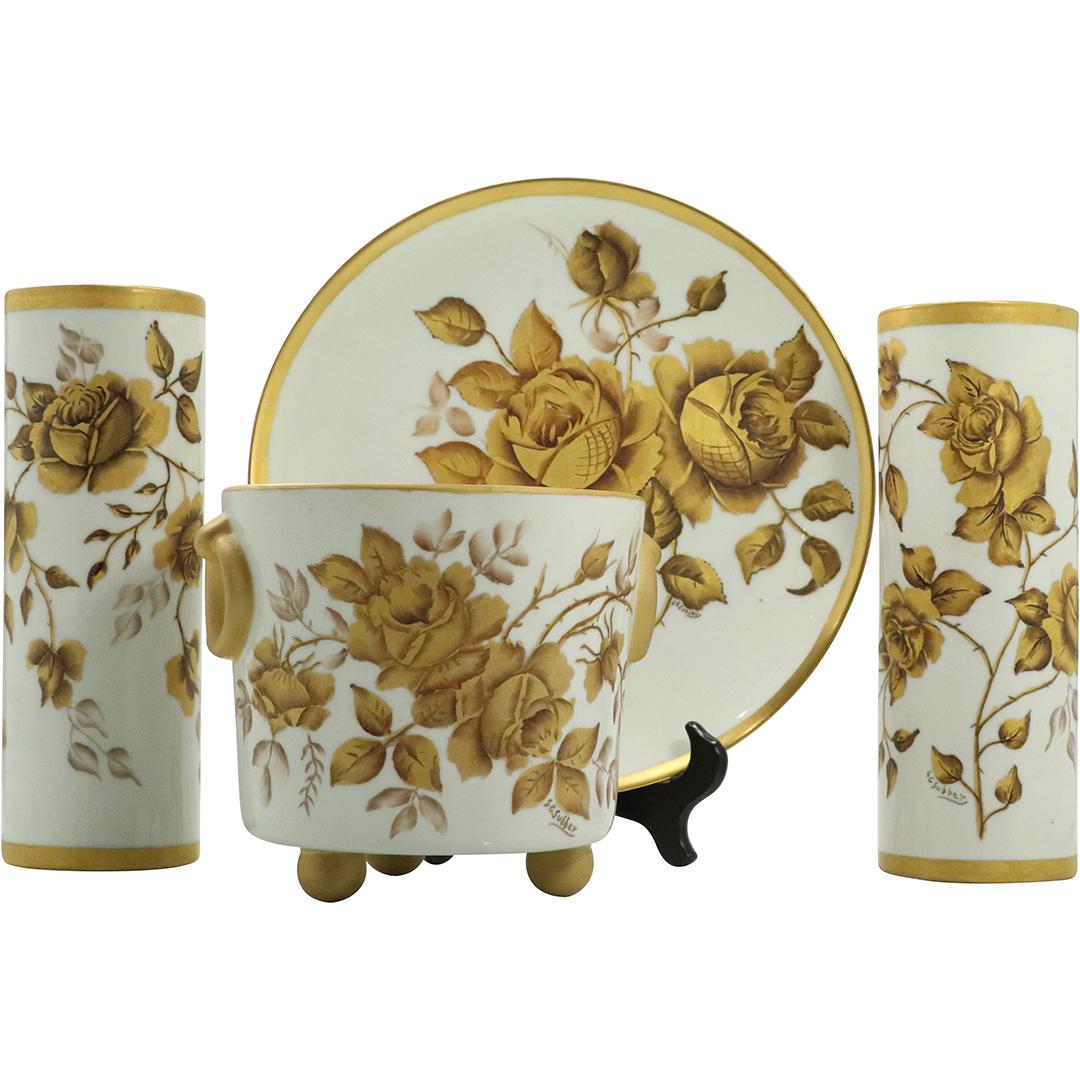 4 Pc Golden Rose Porcelain Set Artist Signed S S Buddey (1 of 10)
