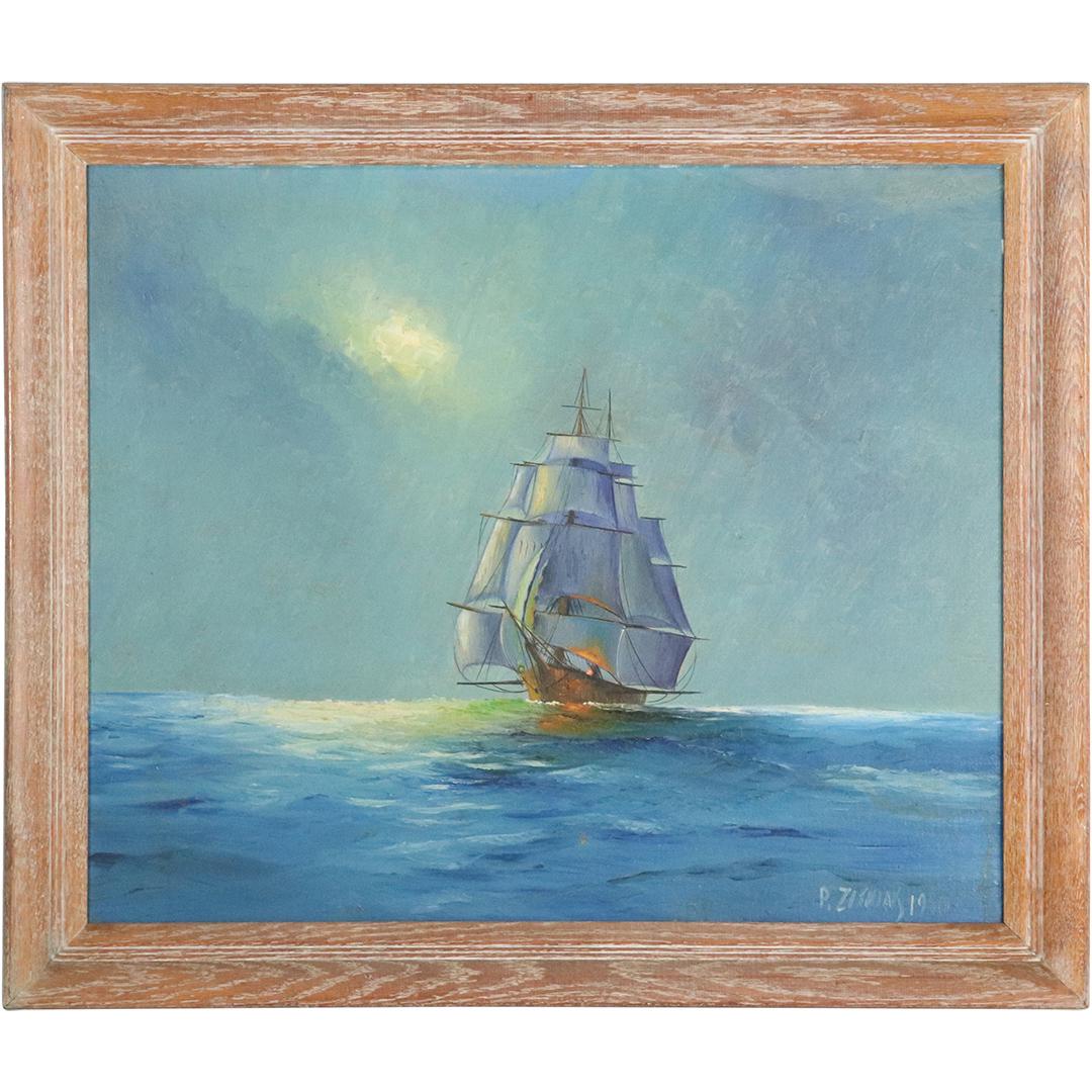 P Zitniak 1950, Oil Painting Full Sail Ship on Seas (1 of 7)