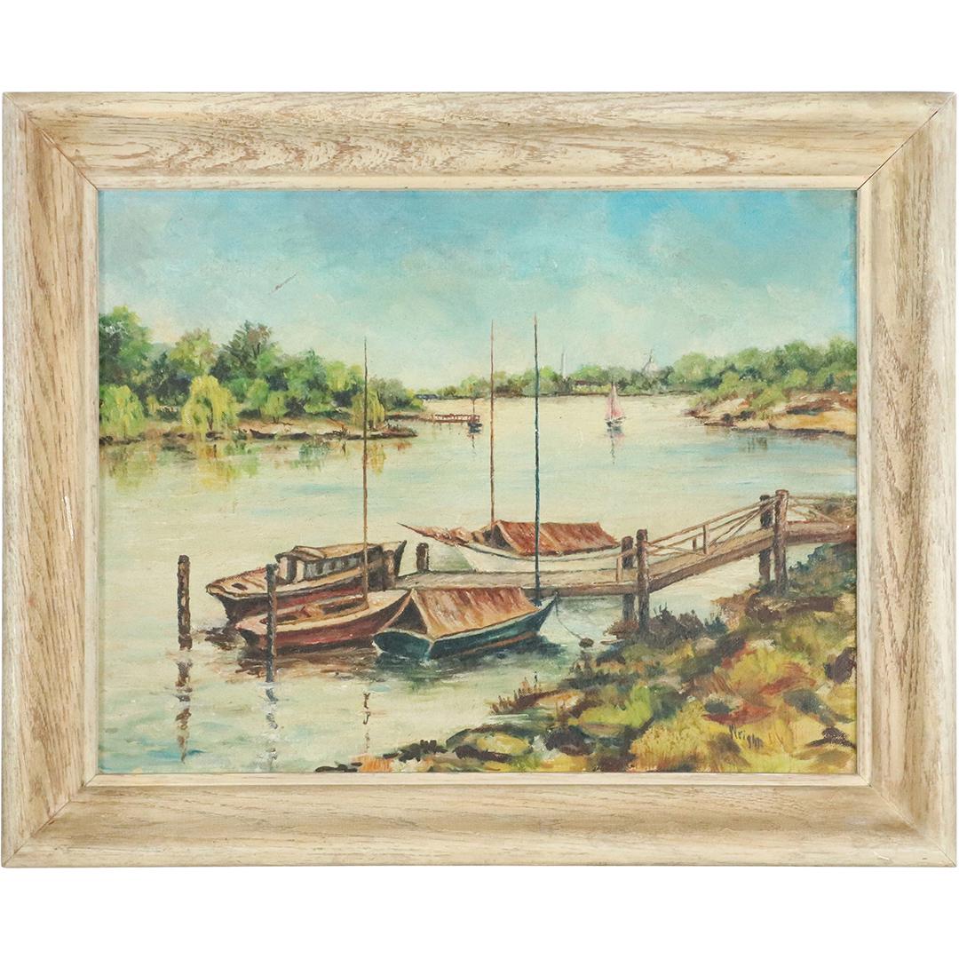 Wright, 1950s Oil Painting Fishing Boats at Dock (1 of 7)